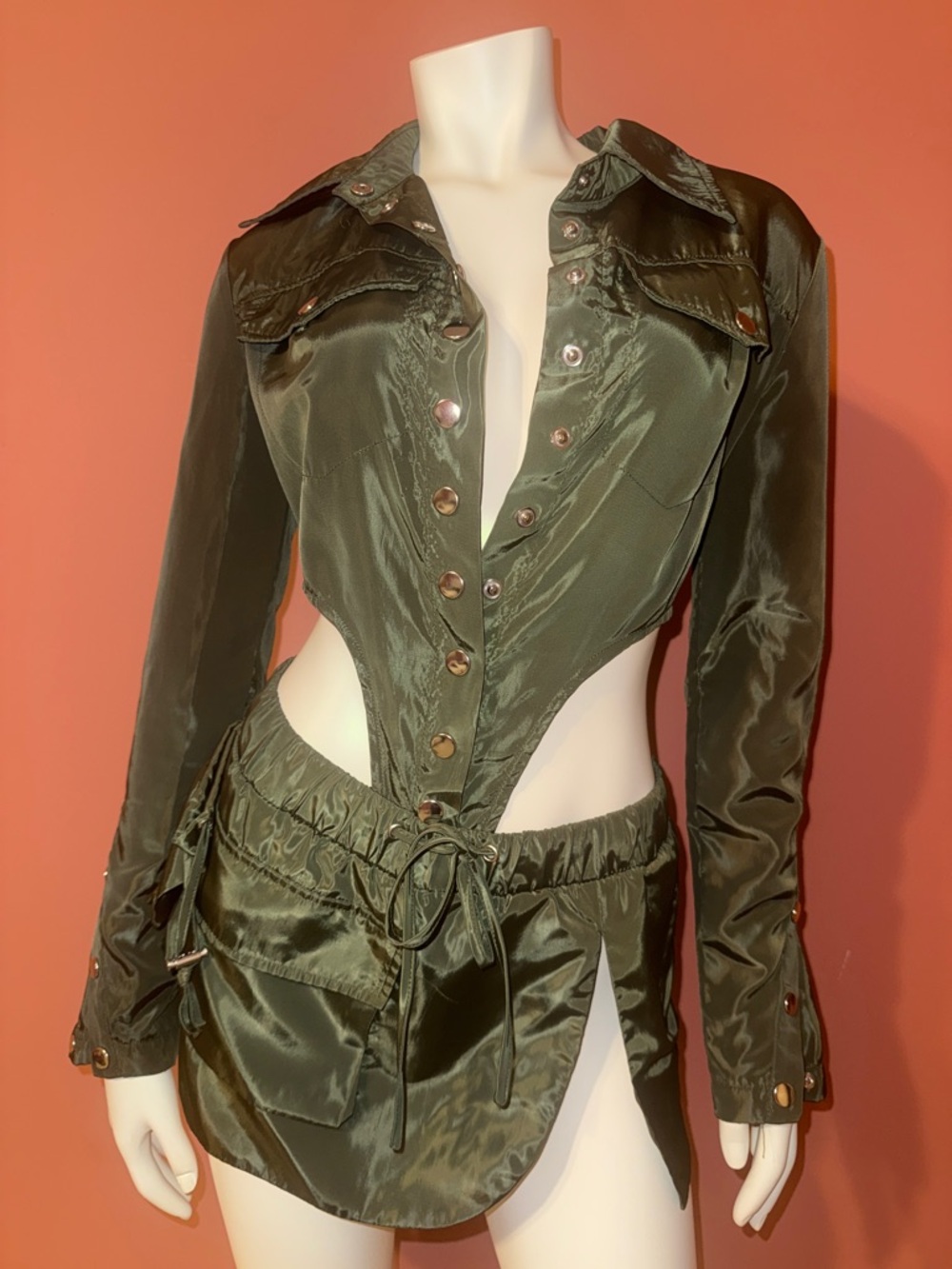 Green Satin Button-Front Long Sleeve Bodysuit